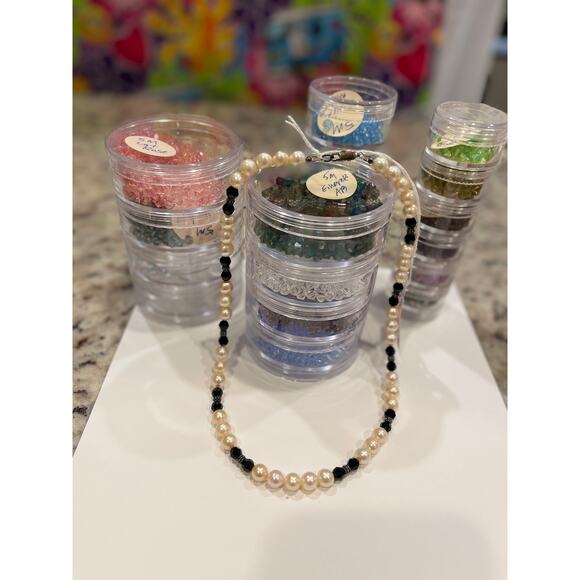 Fresh Water Pearls & Jet Black Crystals - Handcrafted Beaded 18.25" Necklace - Picture 3 of 4